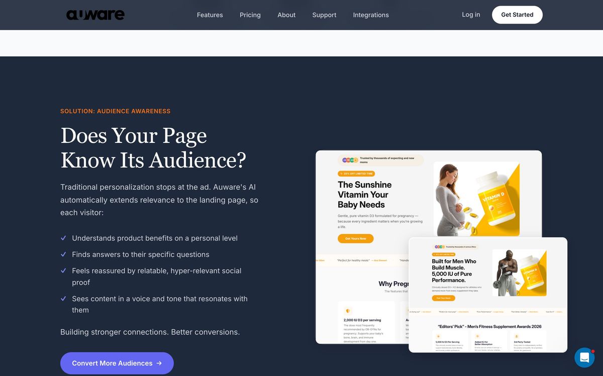 Auware, product overview page screenshot
