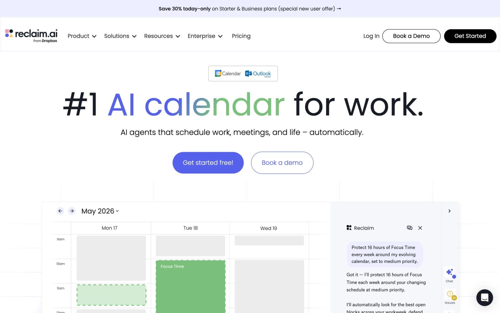 Reclaim.ai website, homepage