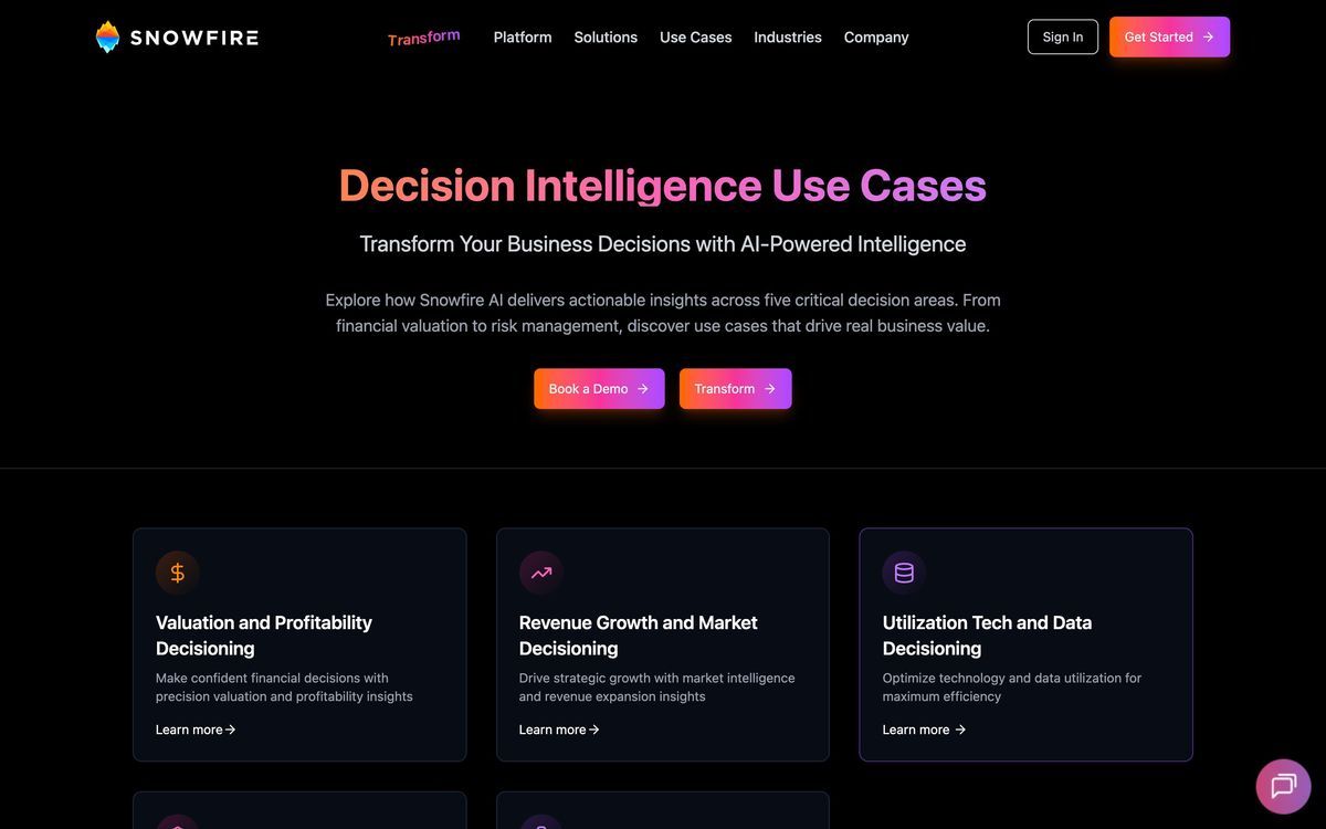 Snowfire AI, use cases page screenshot