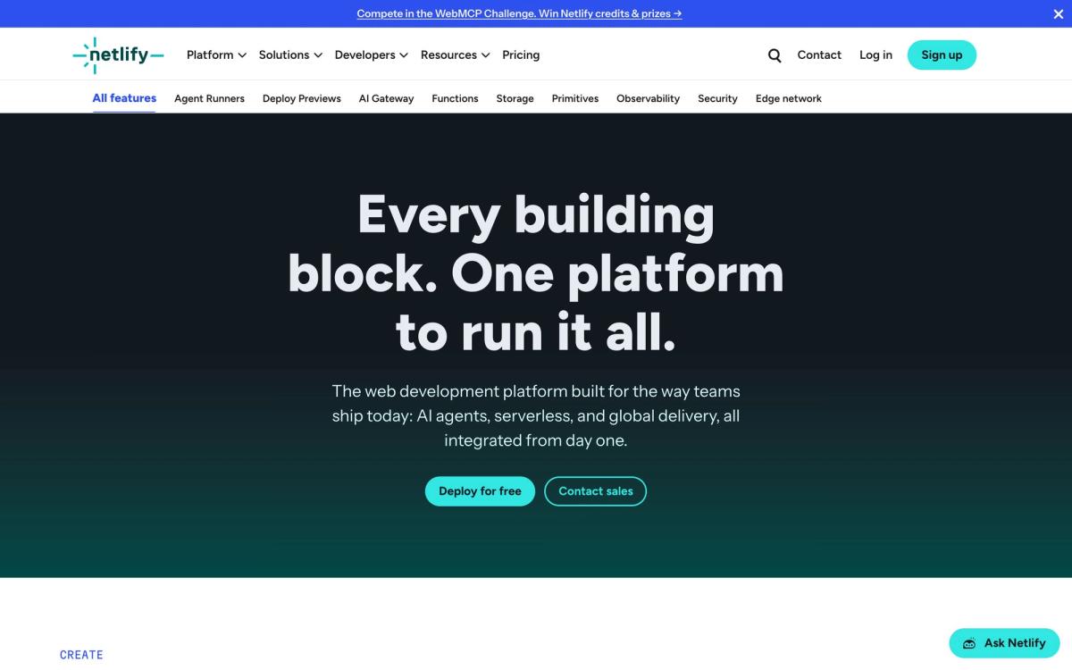 Netlify, product page screenshot