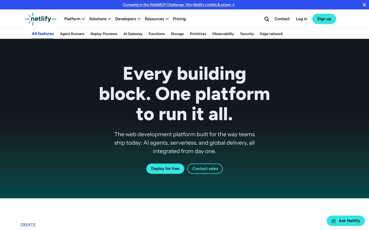 Netlify, product page screenshot