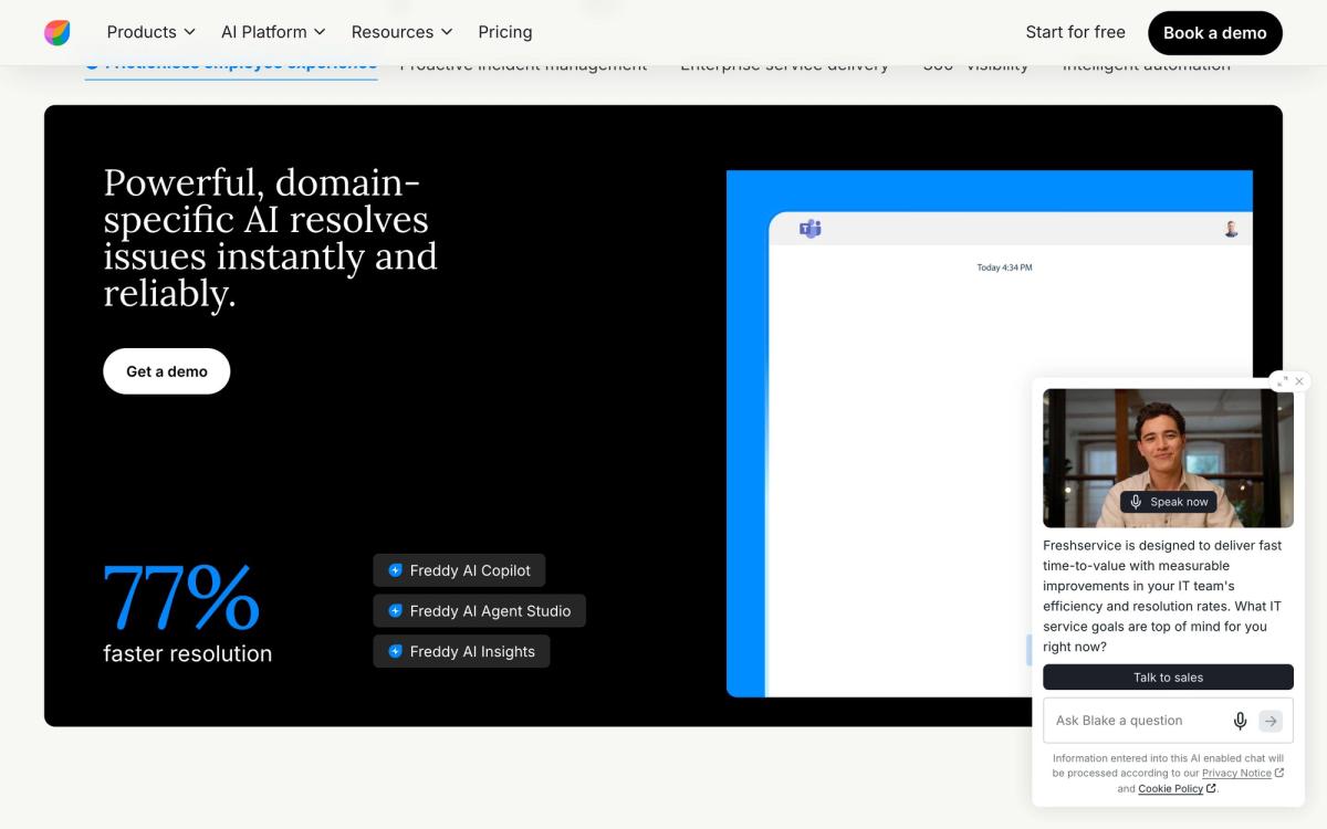 Freshservice, product overview page screenshot