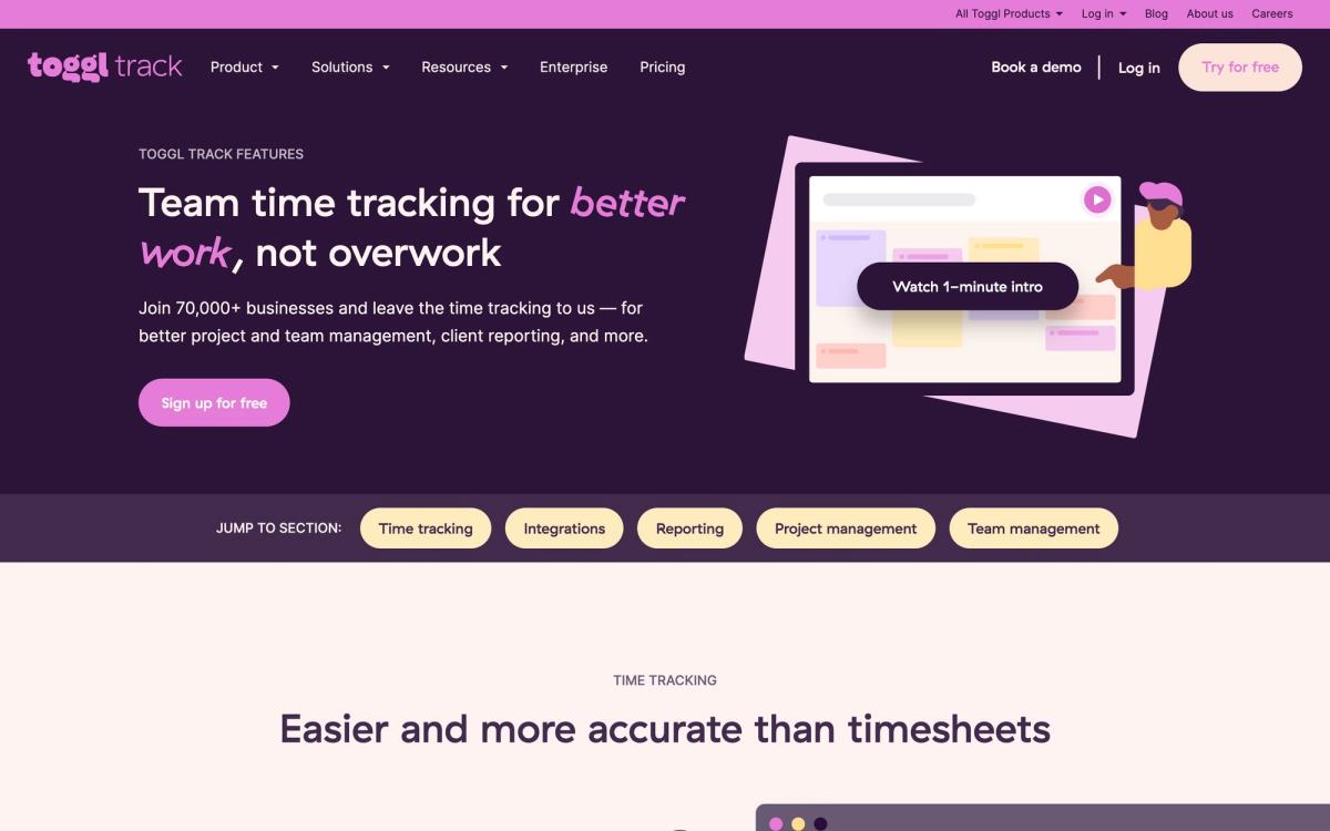 Toggl Track, features page screenshot