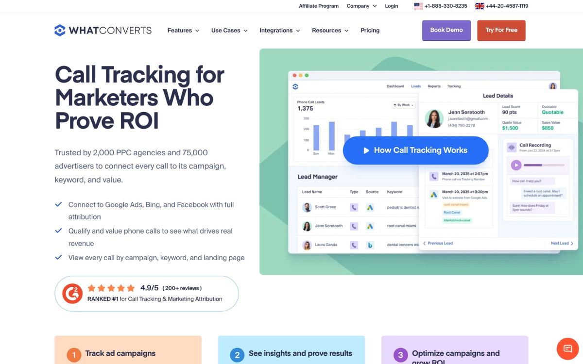 WhatConverts, features page screenshot