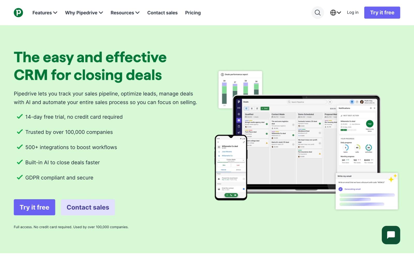 Pipedrive website, homepage