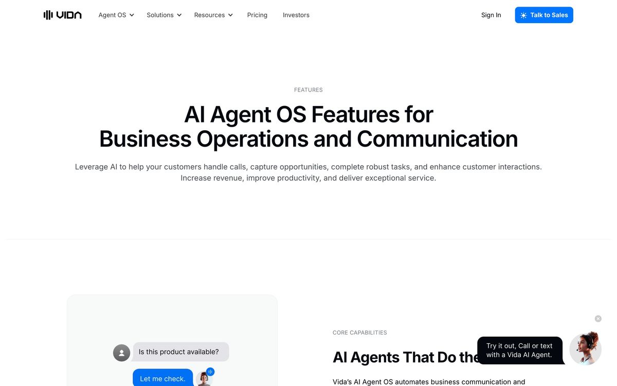 Vida, features page screenshot