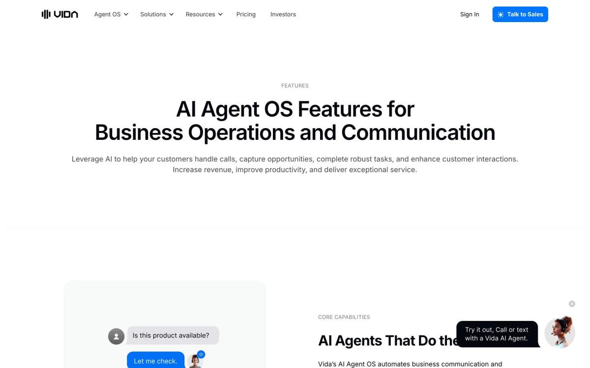 Vida, features page screenshot