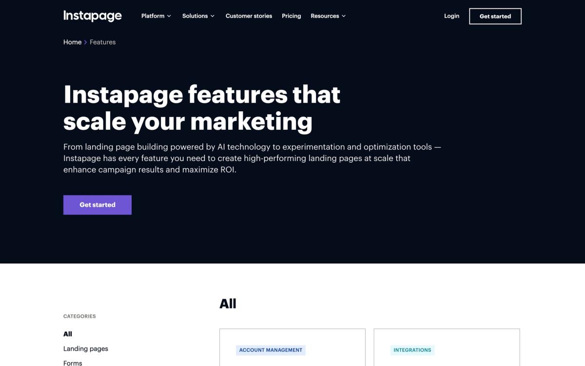 Instapage, features page screenshot