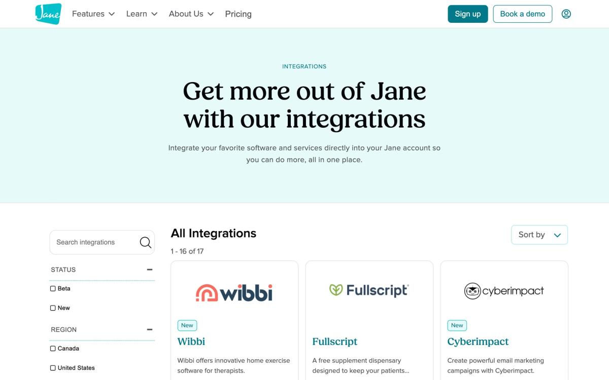 Jane, integrations page screenshot