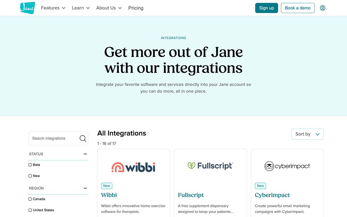 Jane, integrations page screenshot