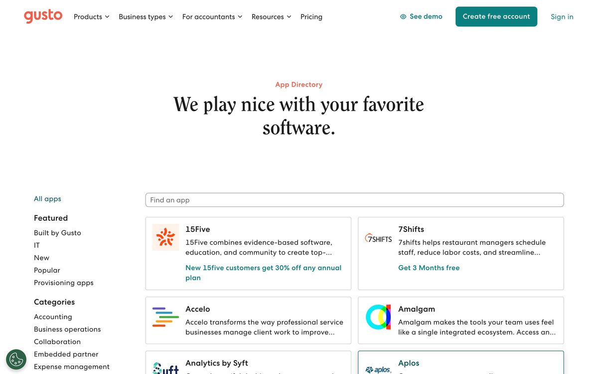 Gusto, integrations page screenshot