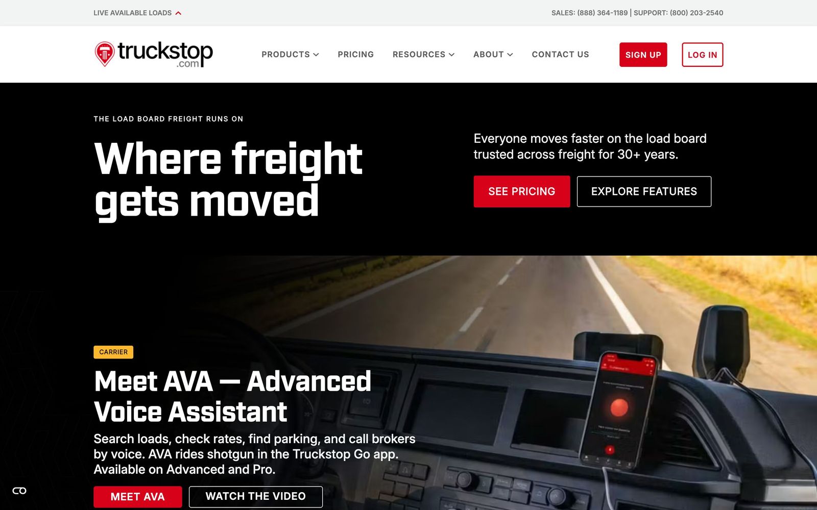 Truckstop website, homepage