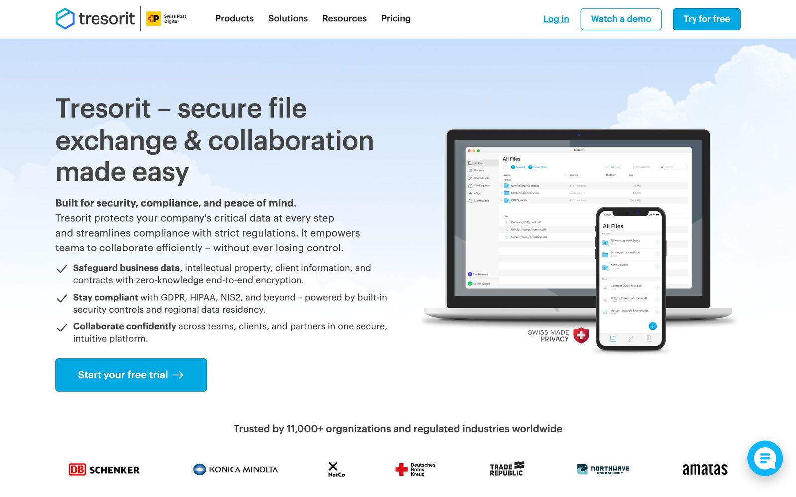 Tresorit website, homepage