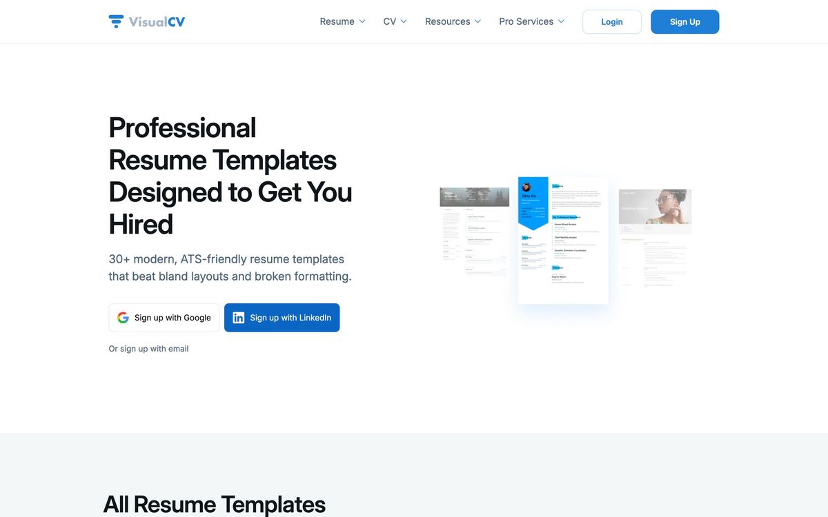 VisualCV, templates page screenshot