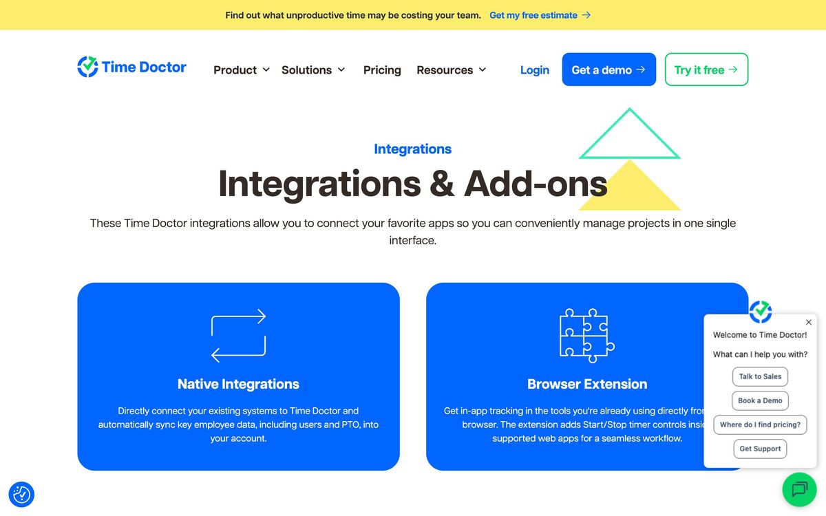 Time Doctor, integrations page screenshot