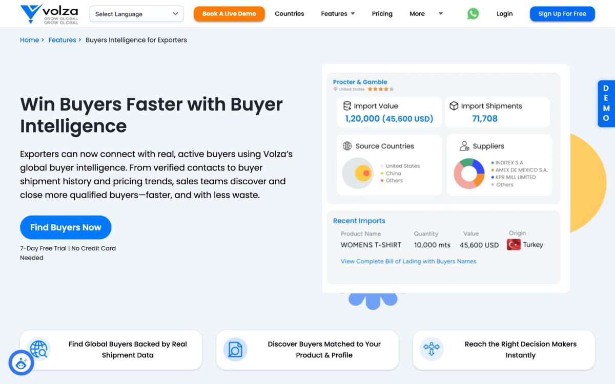 Volza, features page screenshot