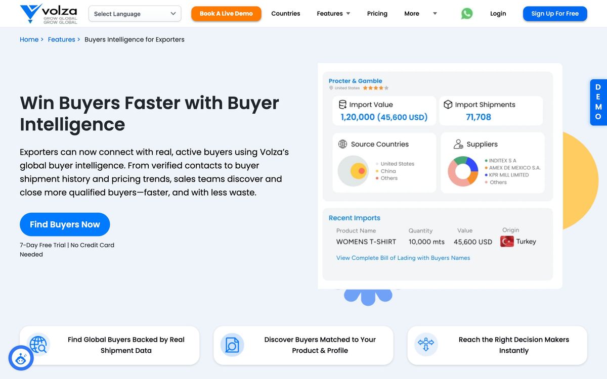 Volza, features page screenshot