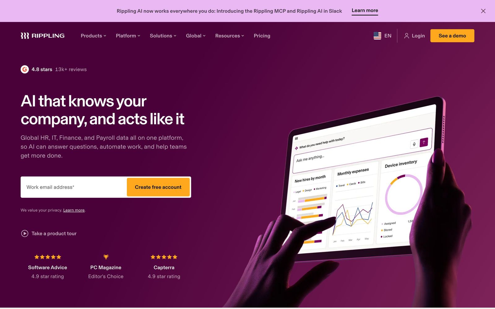 Rippling website, homepage