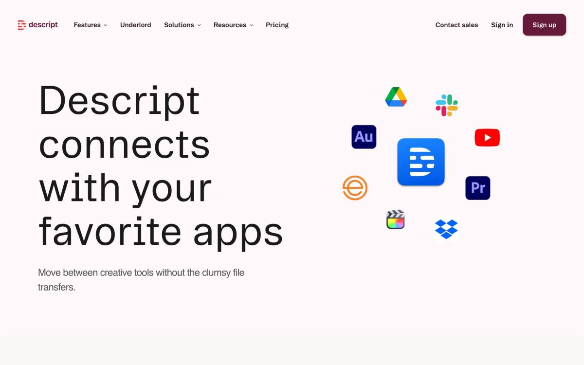 Descript: integrations page screenshot