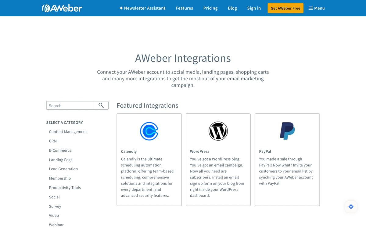 AWeber, integrations page screenshot