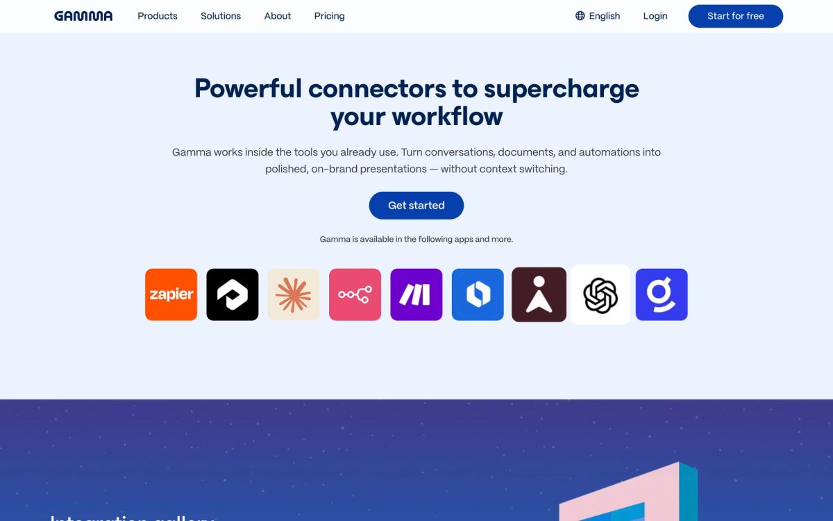 Gamma, integrations page screenshot