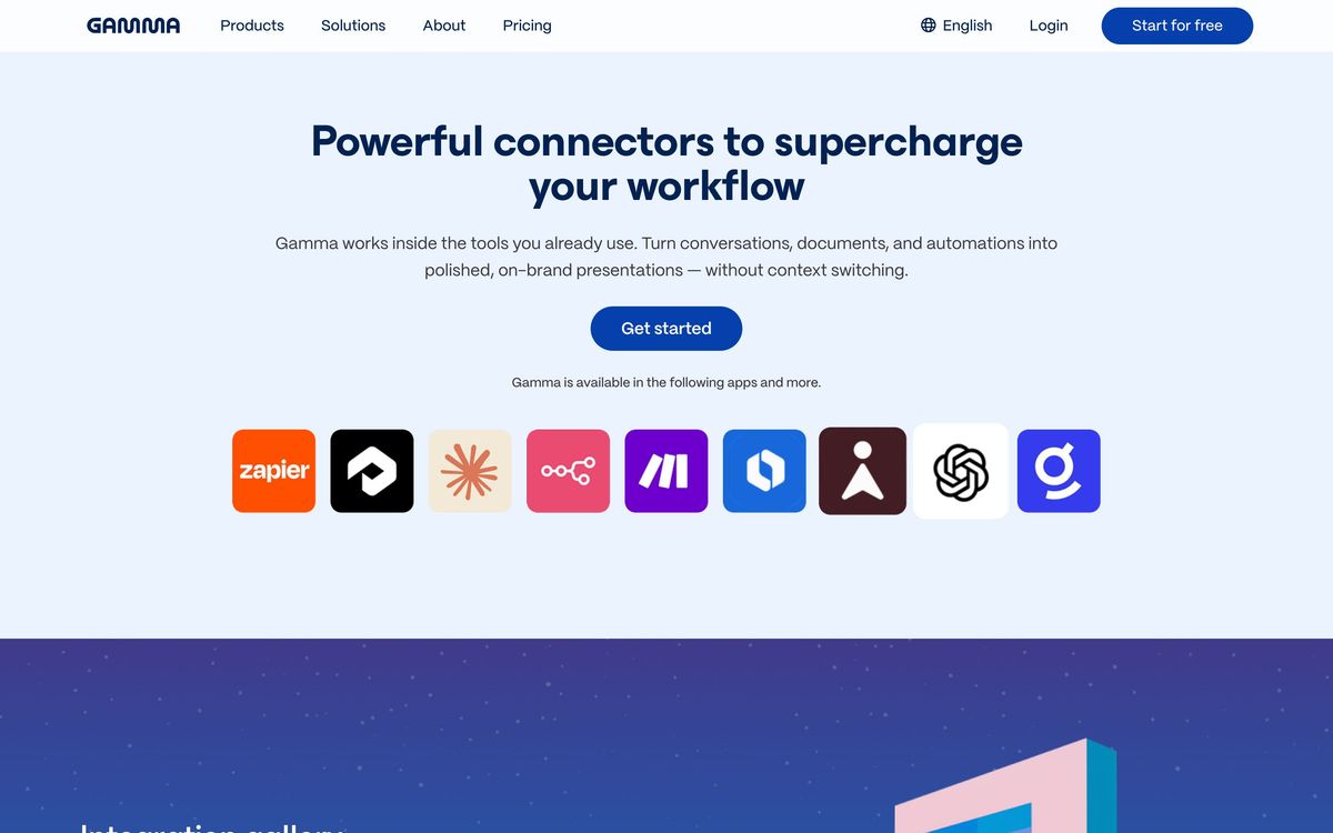 Gamma, integrations page screenshot
