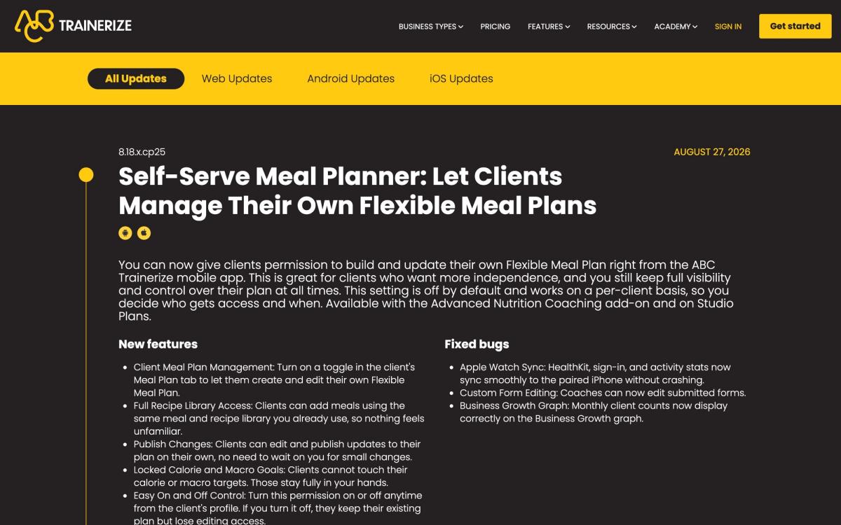 ABC Trainerize, product page screenshot