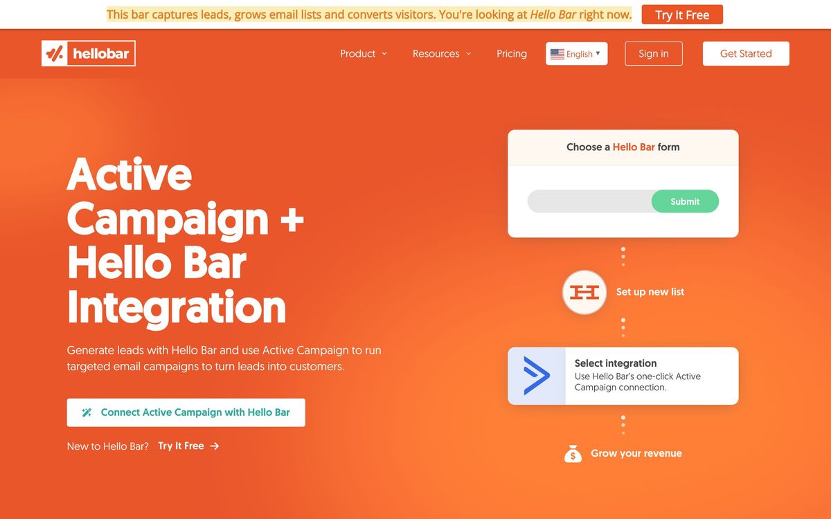 Hello Bar, integrations page screenshot