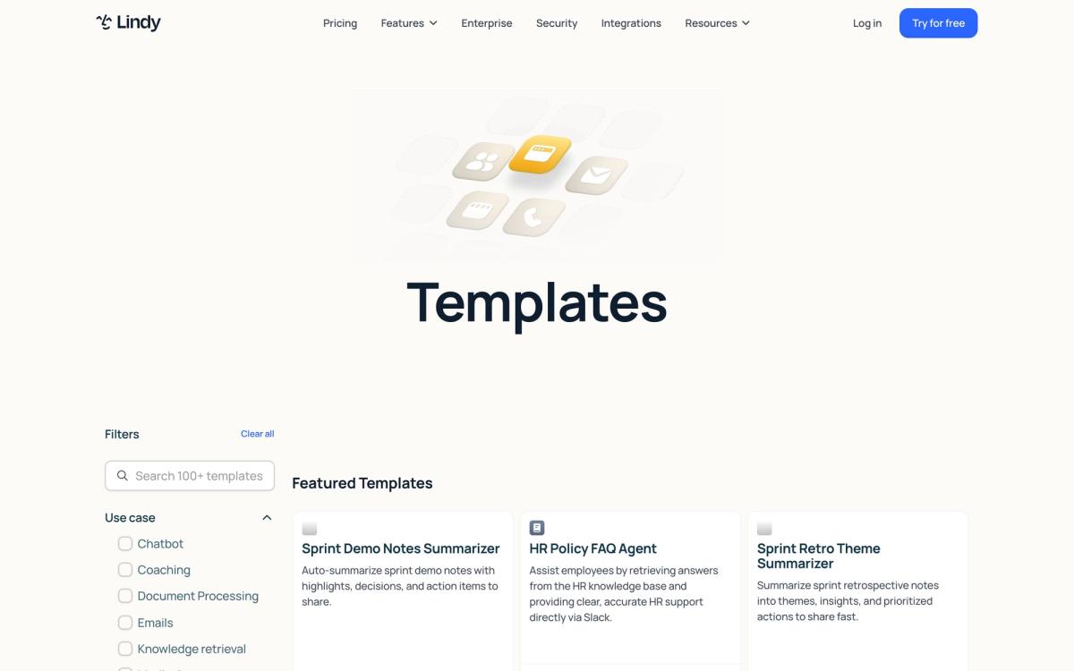Lindy: templates page screenshot