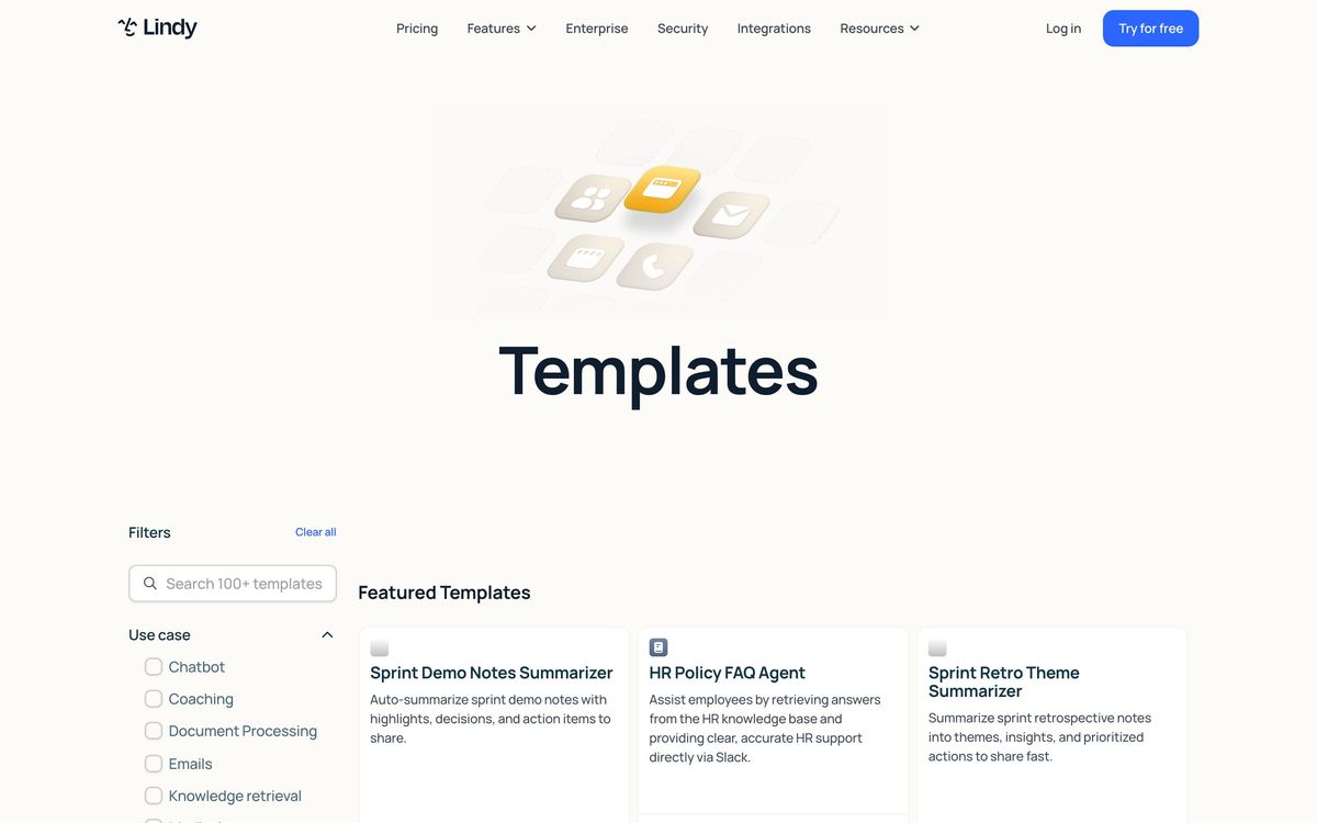 Lindy: templates page screenshot