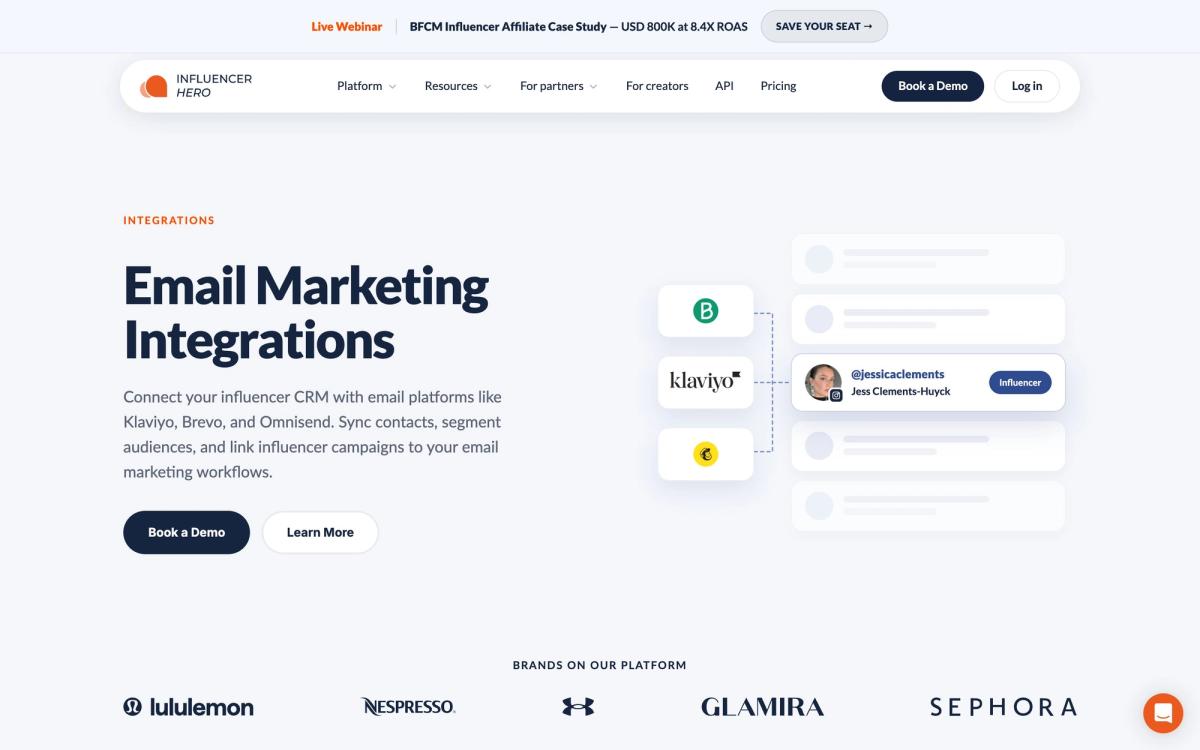 Influencer Hero, integrations page screenshot