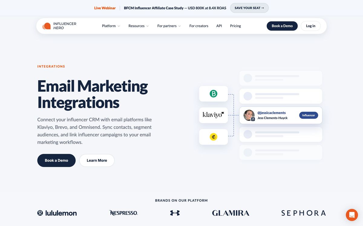 Influencer Hero, integrations page screenshot