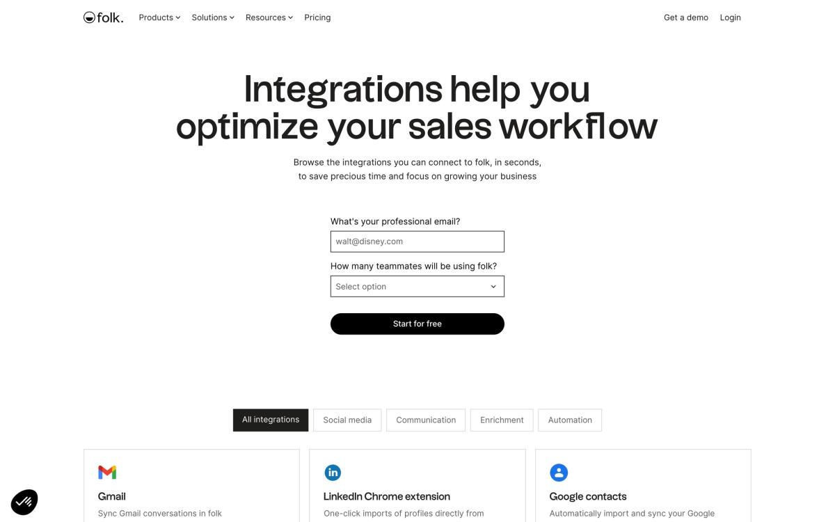 folk, integrations page screenshot