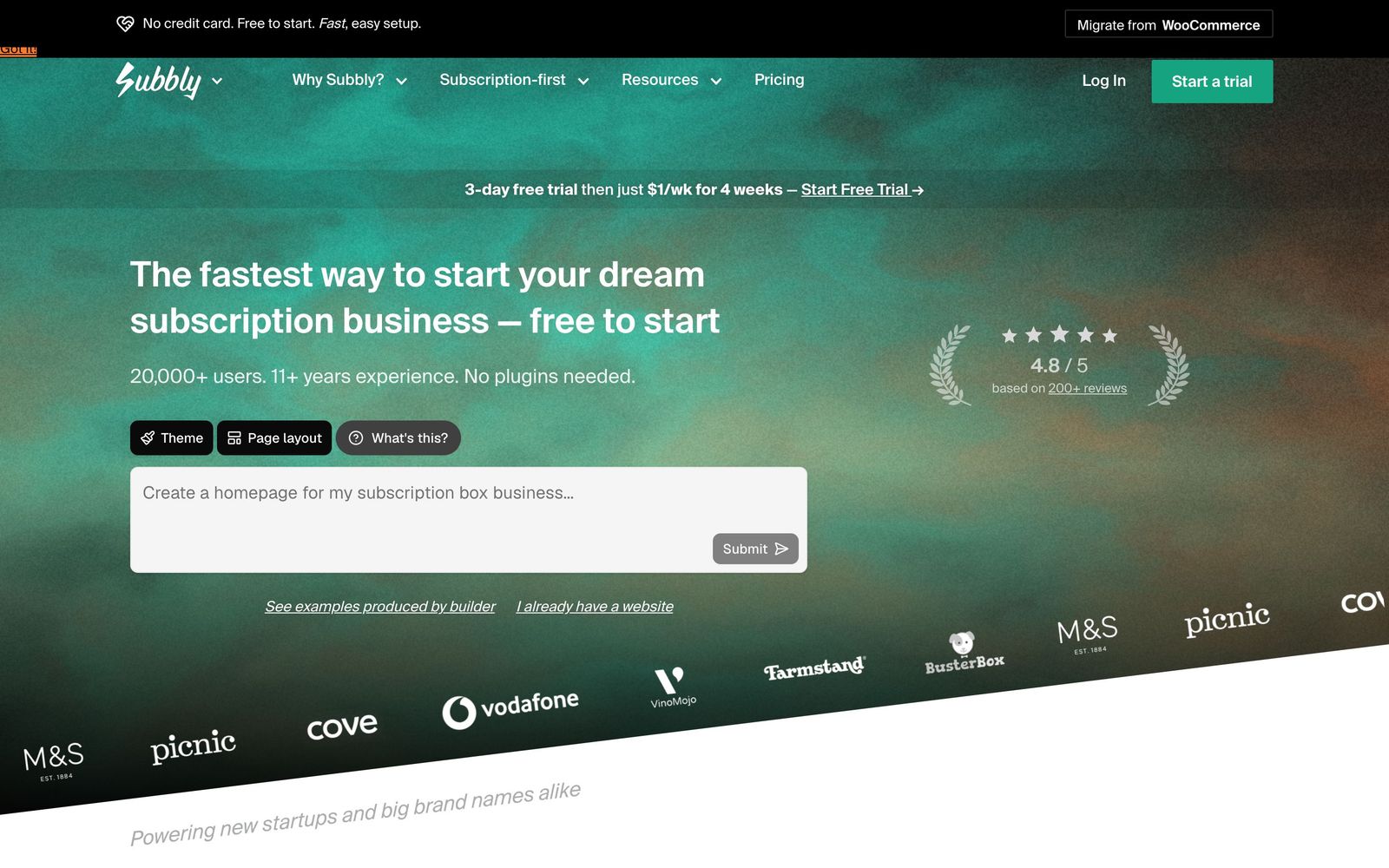 Subbly website, homepage