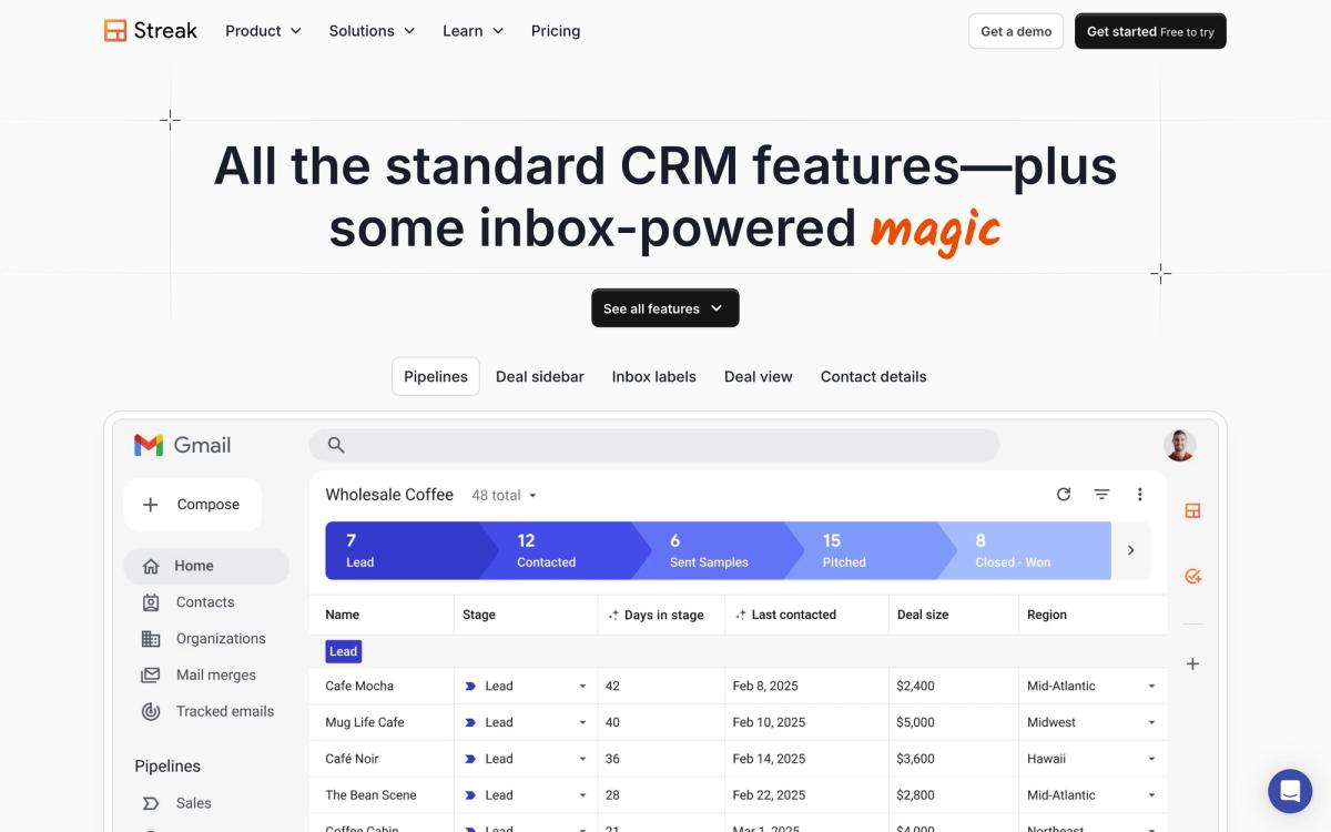 Streak, features page screenshot