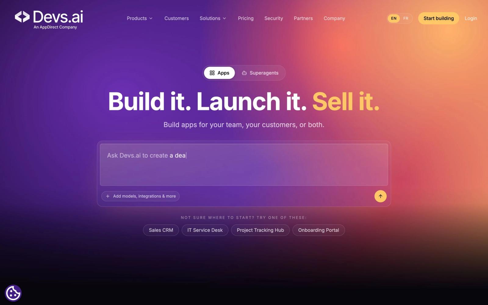 Devs.ai website, homepage