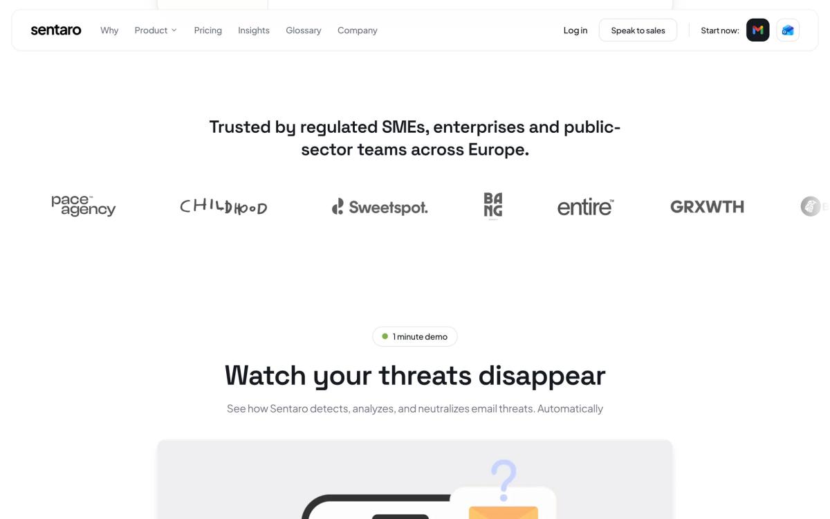 Sentaro, product overview page screenshot