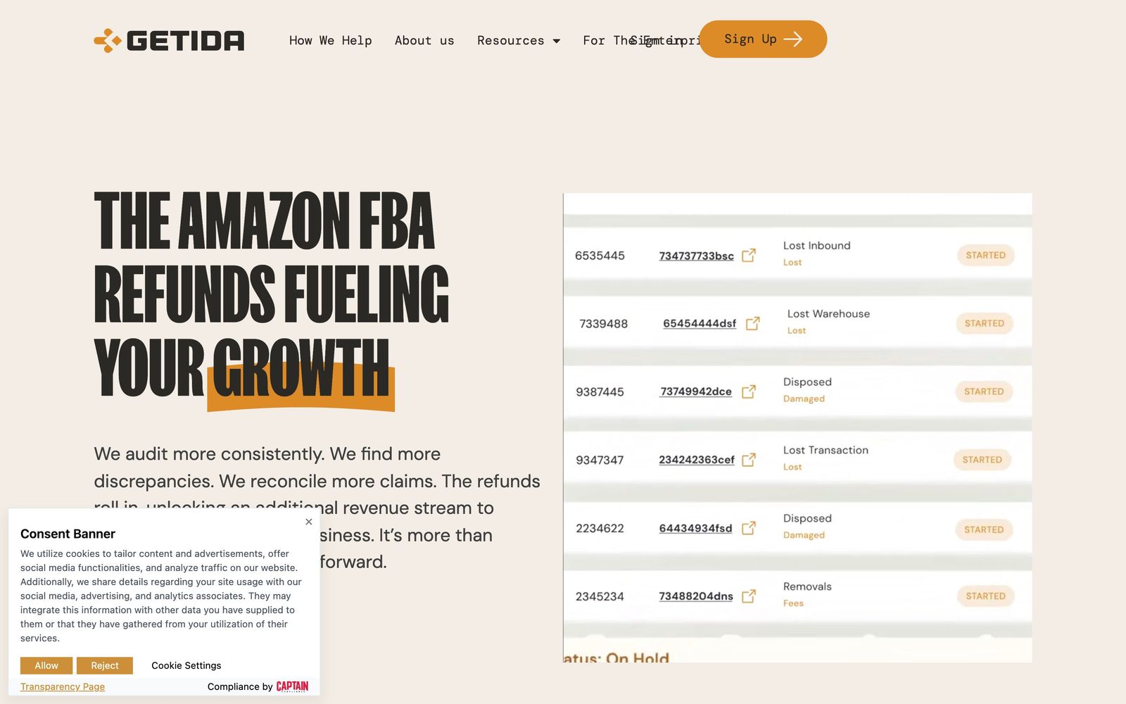 Getida website, homepage