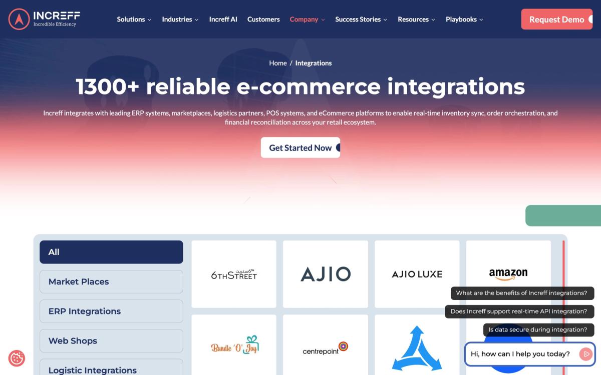 Increff, integrations page screenshot