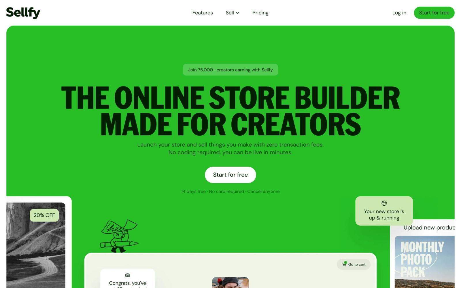 Sellfy website, homepage