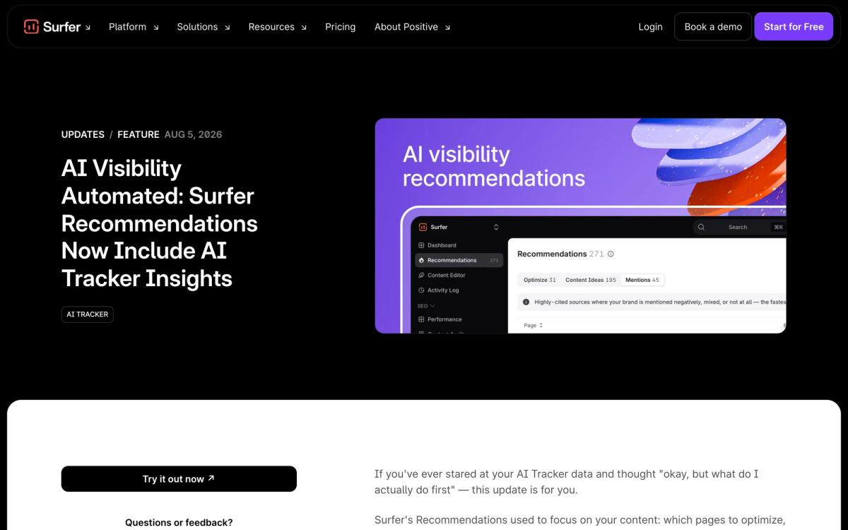 Surfer SEO, features page screenshot