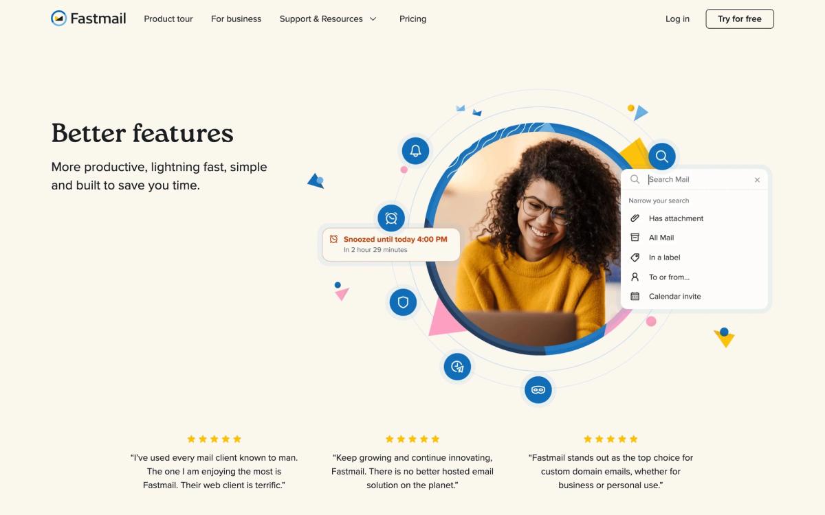 Fastmail, features page screenshot