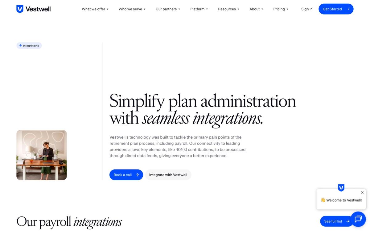 Vestwell, integrations page screenshot