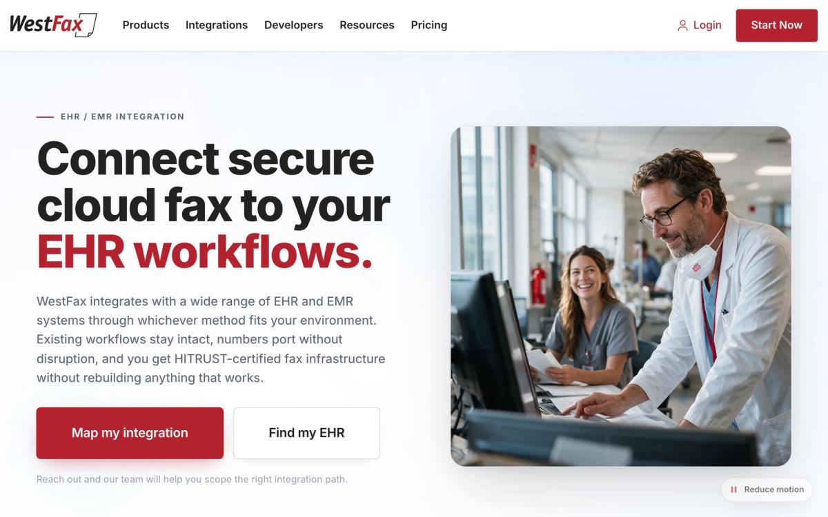WestFax, integrations page screenshot