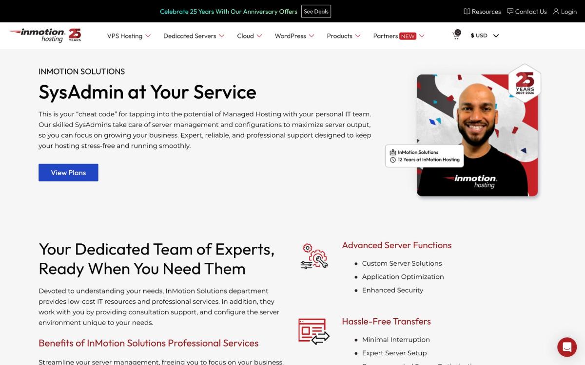 InMotion Hosting, solutions page screenshot