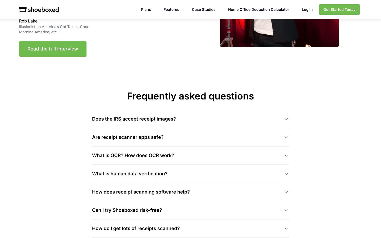 Shoeboxed website, homepage
