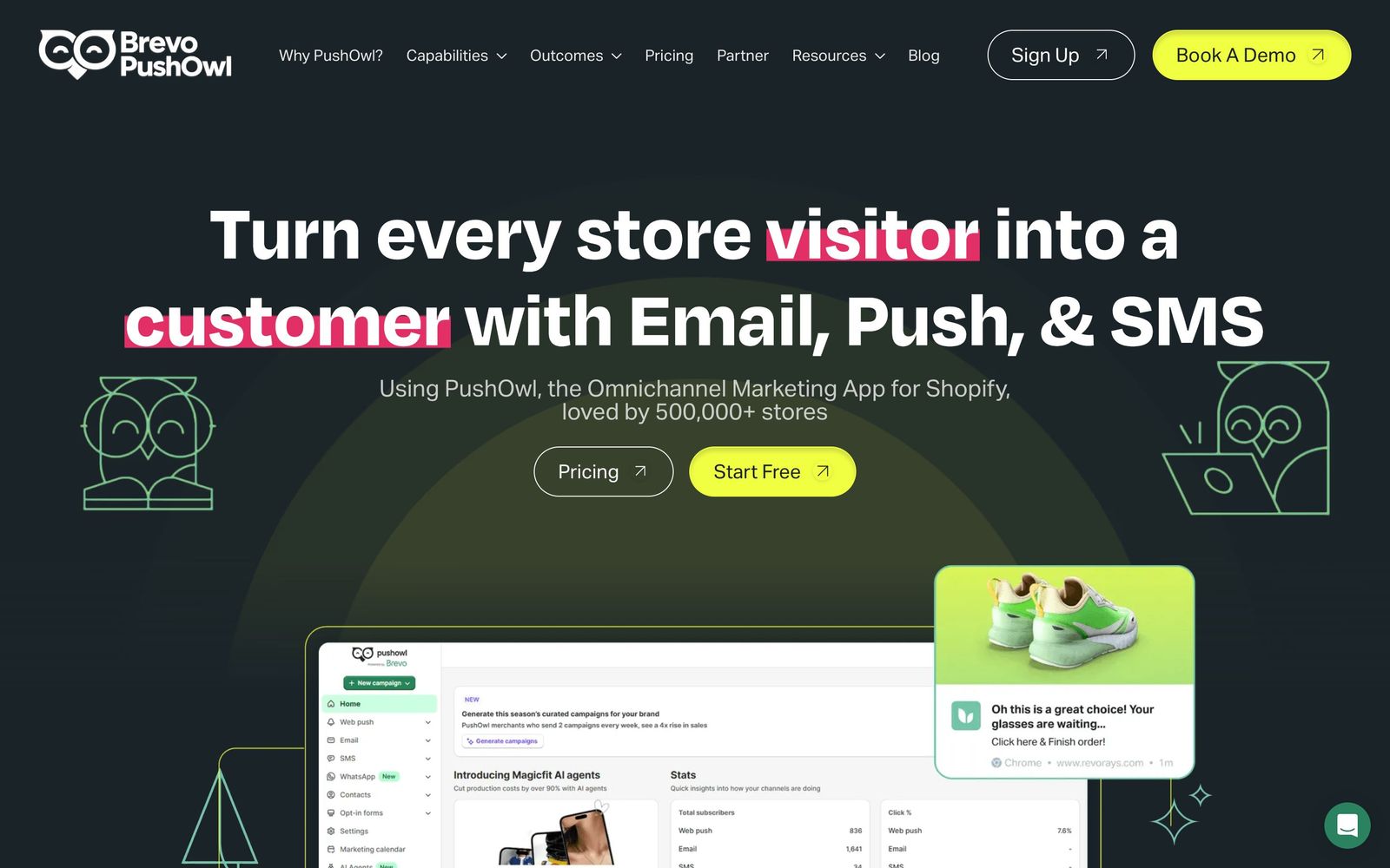 PushOwl website, homepage