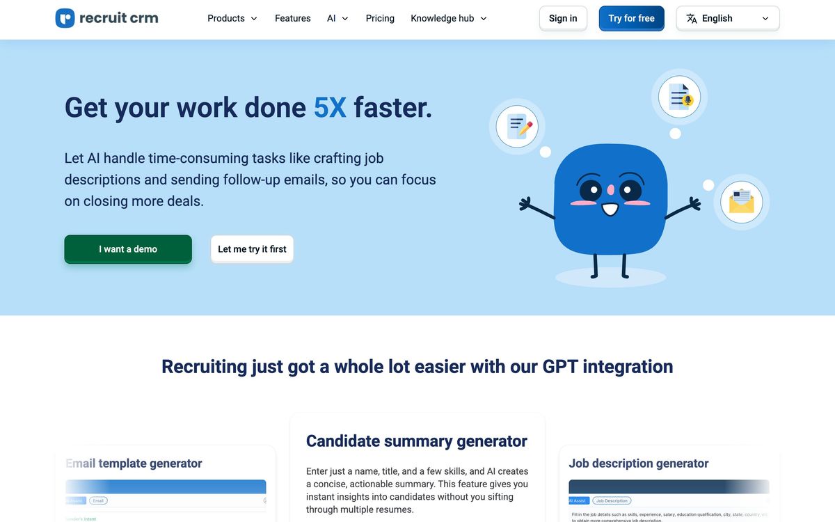 Recruit CRM: integrations page screenshot