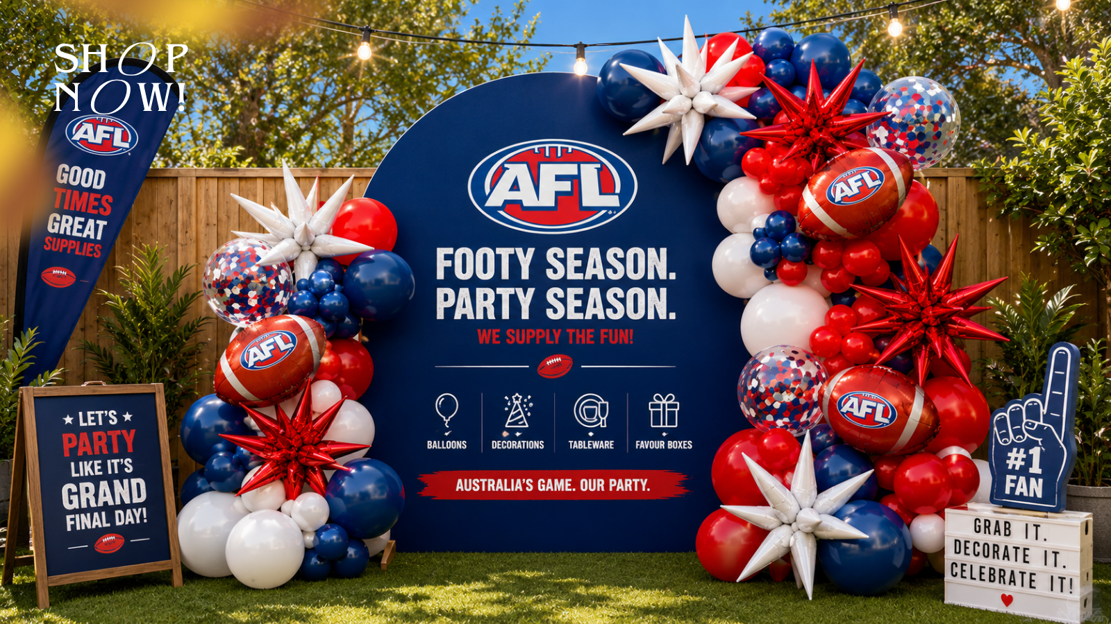 AFL-themed party setup with red, white and blue balloon garlands, football balloons, illuminated number props, event plinths, themed signage and a large branded backdrop for footy season celebrations.
