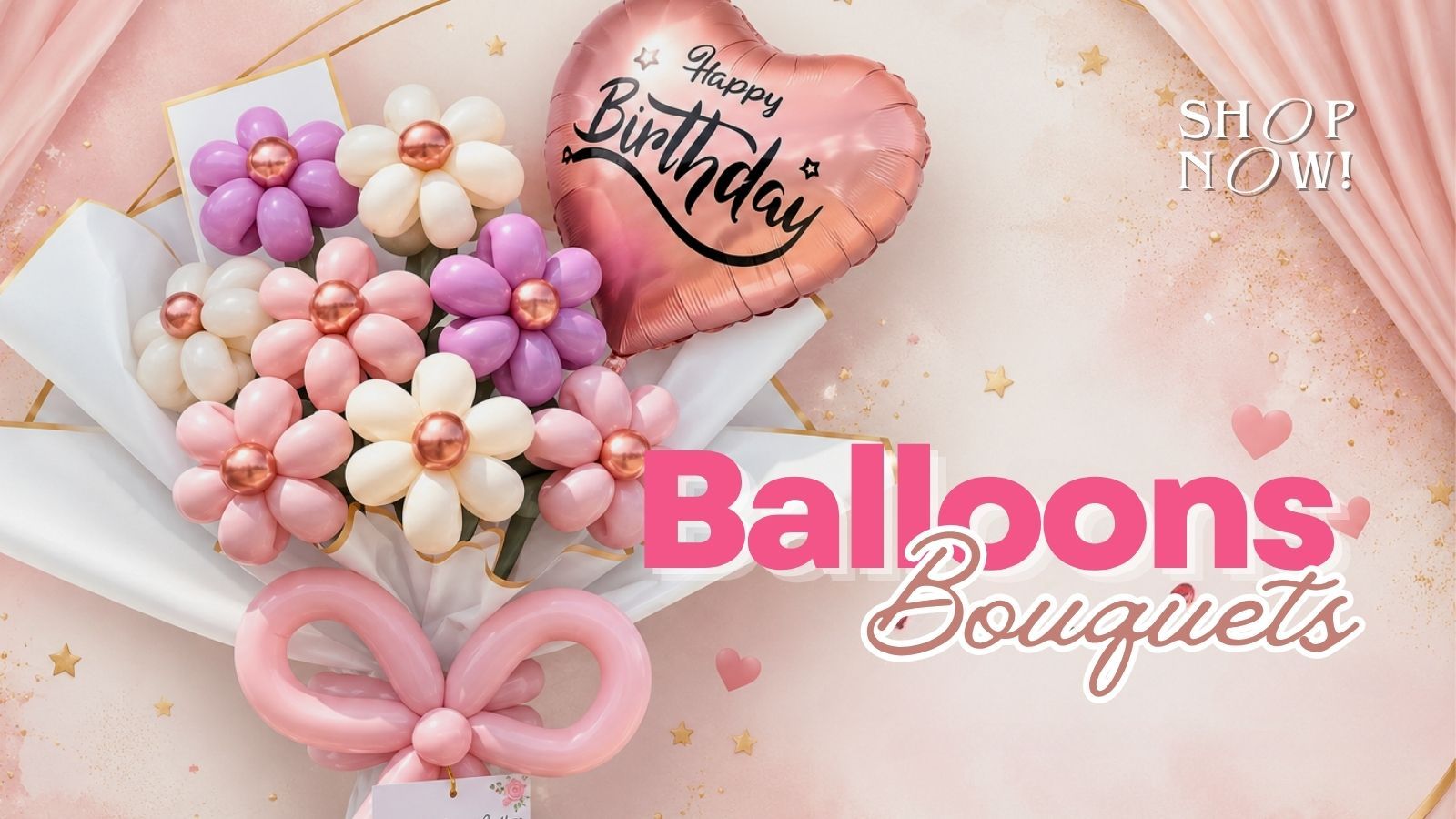 Birthday balloon bouquet featuring pastel flower balloons and a rose gold heart-shaped Happy Birthday balloon